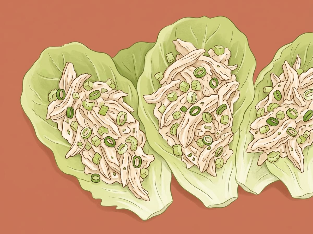 A bowl of creamy chicken salad on cos lettuce leaves