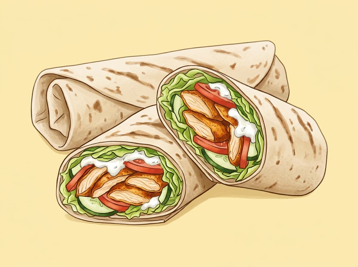 A chicken wrap cut in half showing chicken, lettuce, tomato and cucumber