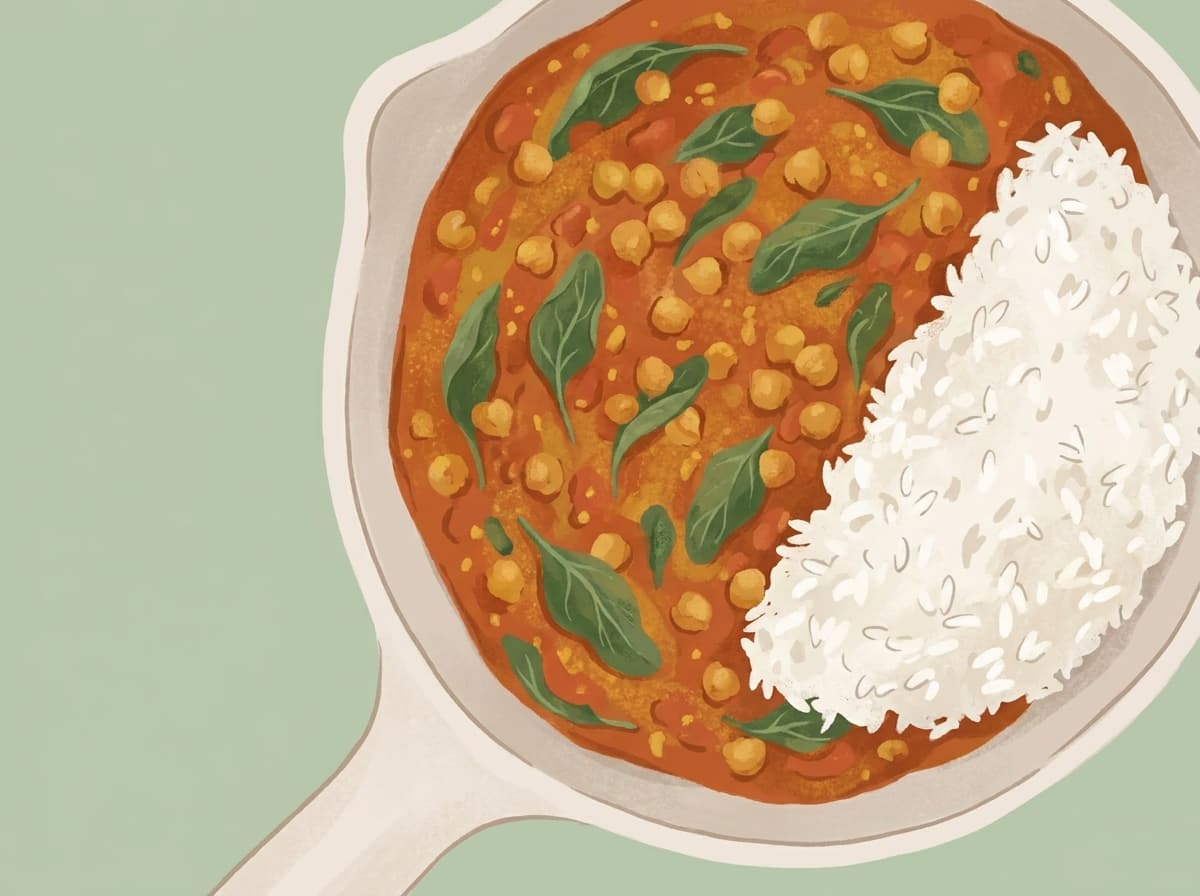 A bowl of chickpea curry with spinach served with rice