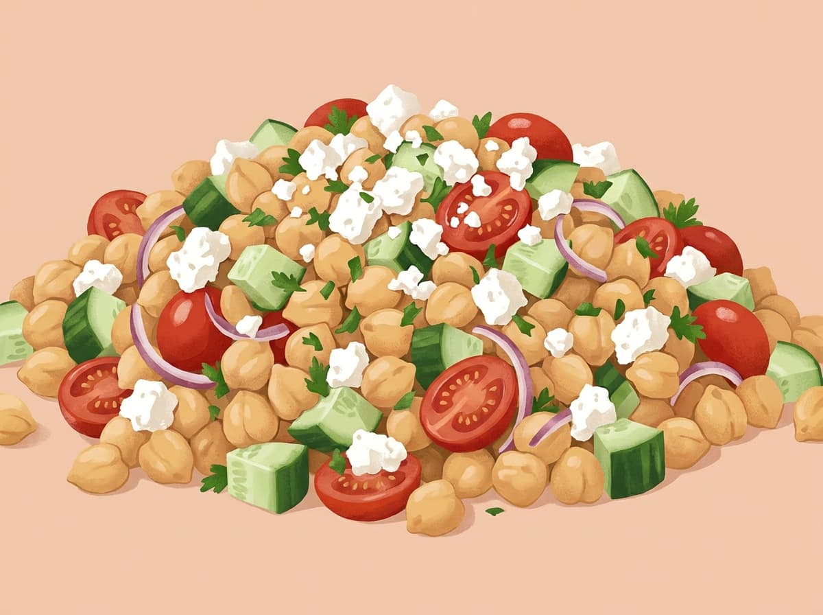 A bowl of chickpea salad with cucumber, tomato, red onion and feta