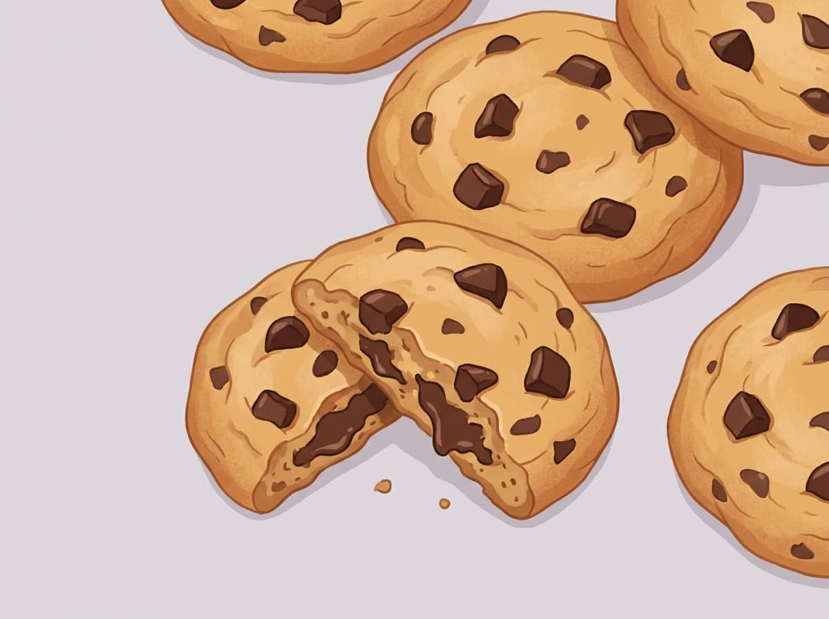 Golden choc chip cookies cooling on a wire rack