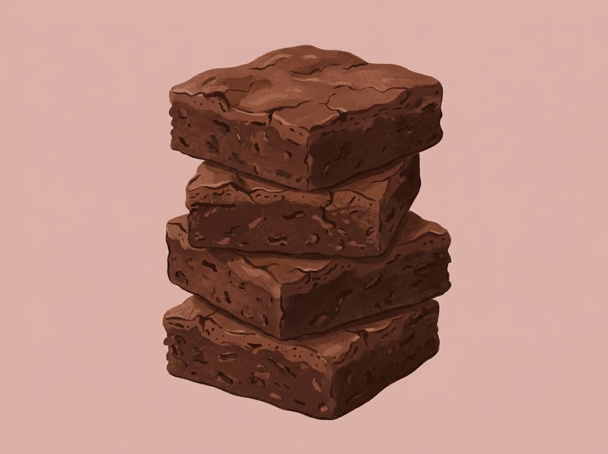 Squares of fudgy chocolate brownie on a board