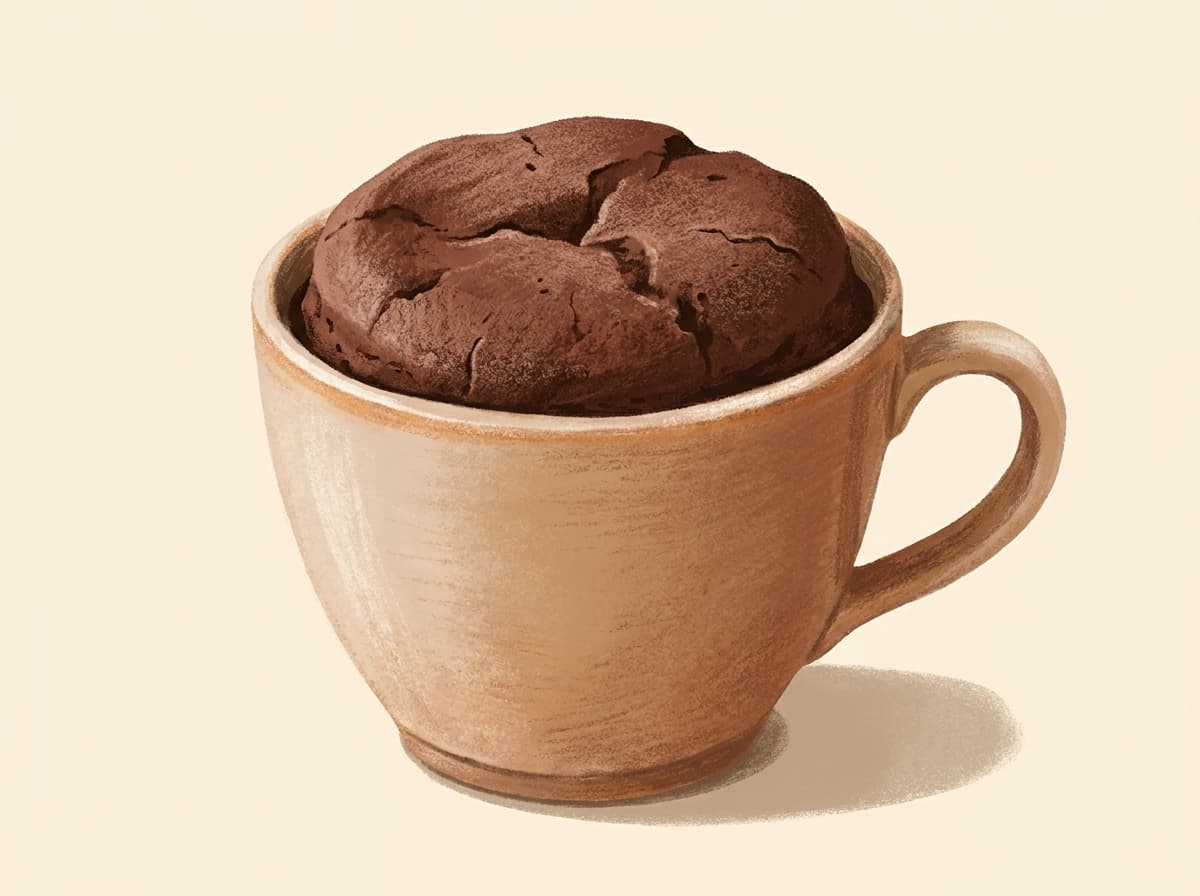 A chocolate mug cake in a white mug with a spoon