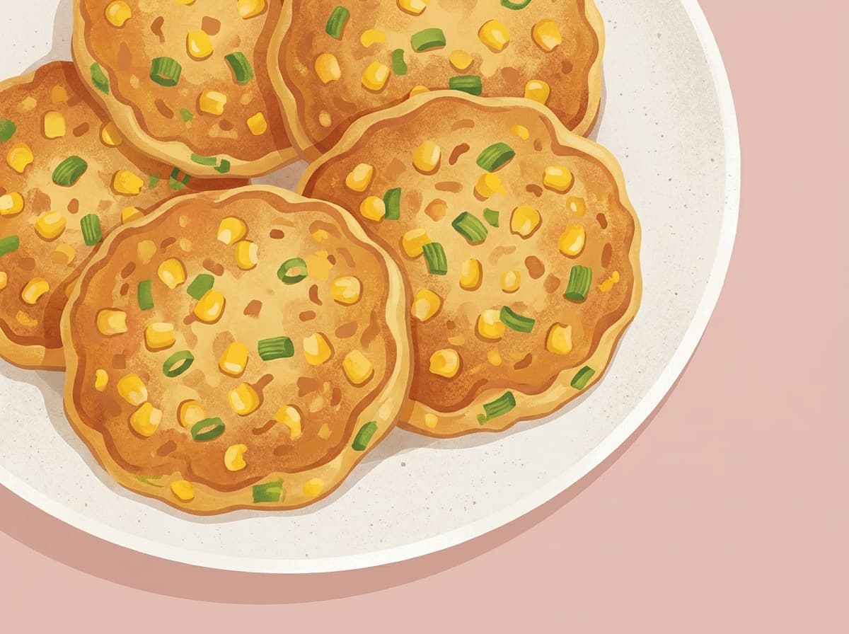 A stack of golden corn fritters with spring onion on a plate