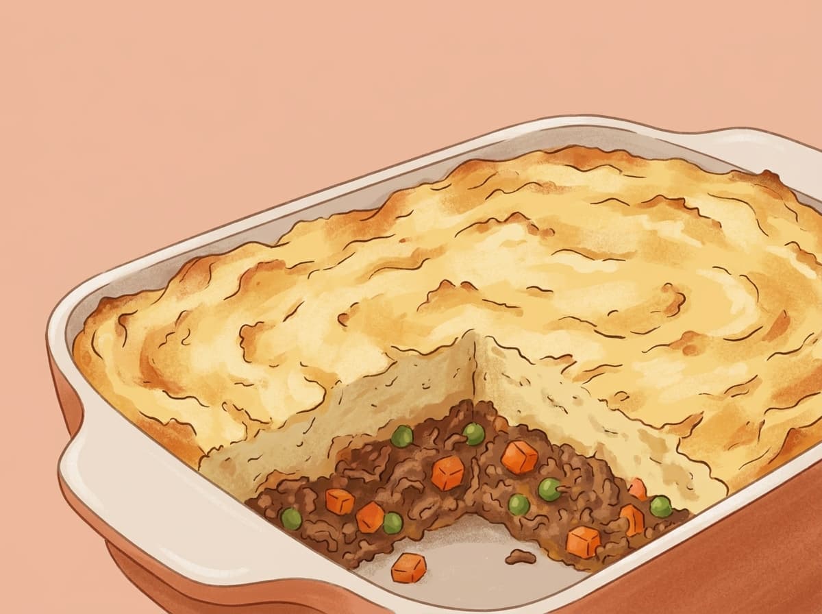 Golden cottage pie with mashed potato topping and beef filling