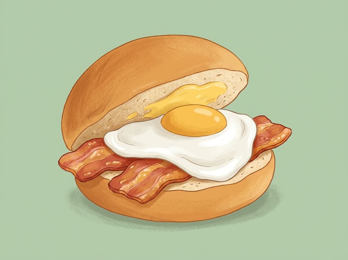 A soft roll filled with crispy bacon and a fried egg