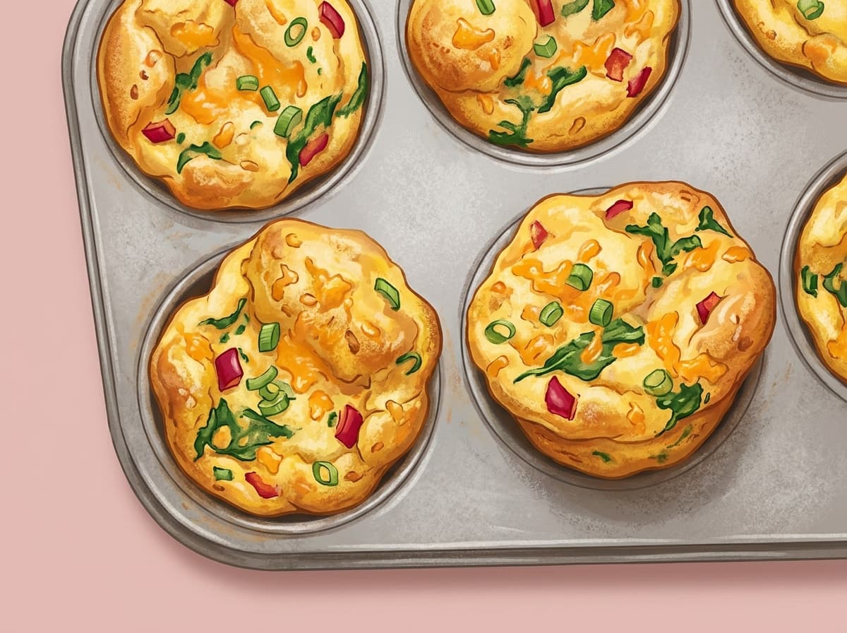 A muffin tin of golden baked egg cups with spinach and capsicum
