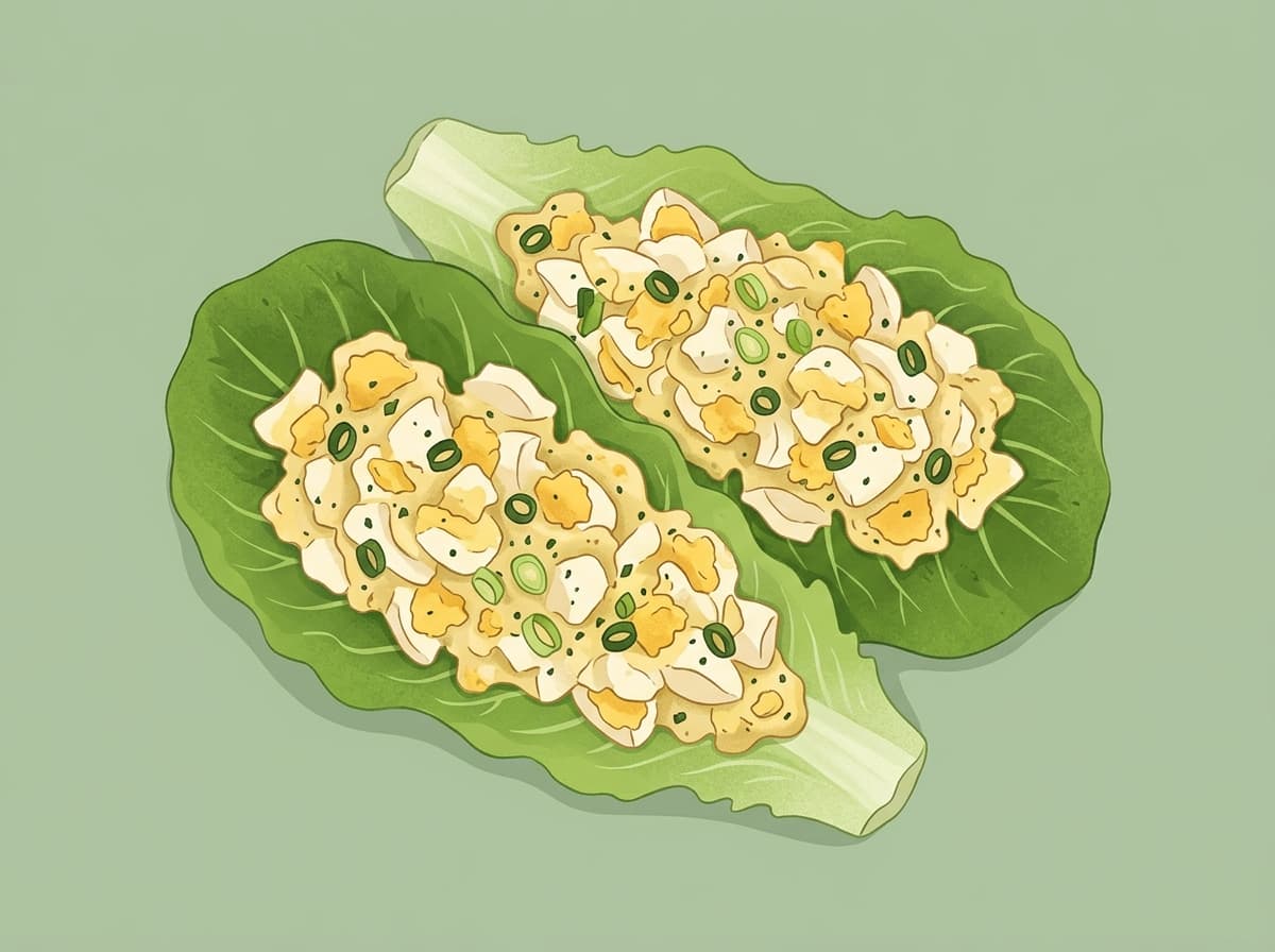 A bowl of creamy chopped egg salad with spring onion