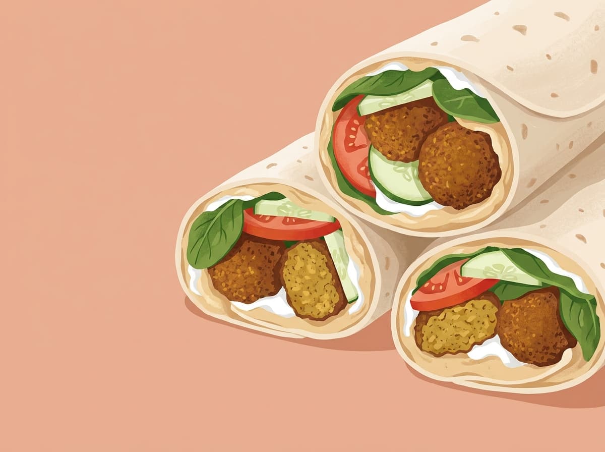A falafel wrap cut in half with hummus, cucumber, tomato and salad
