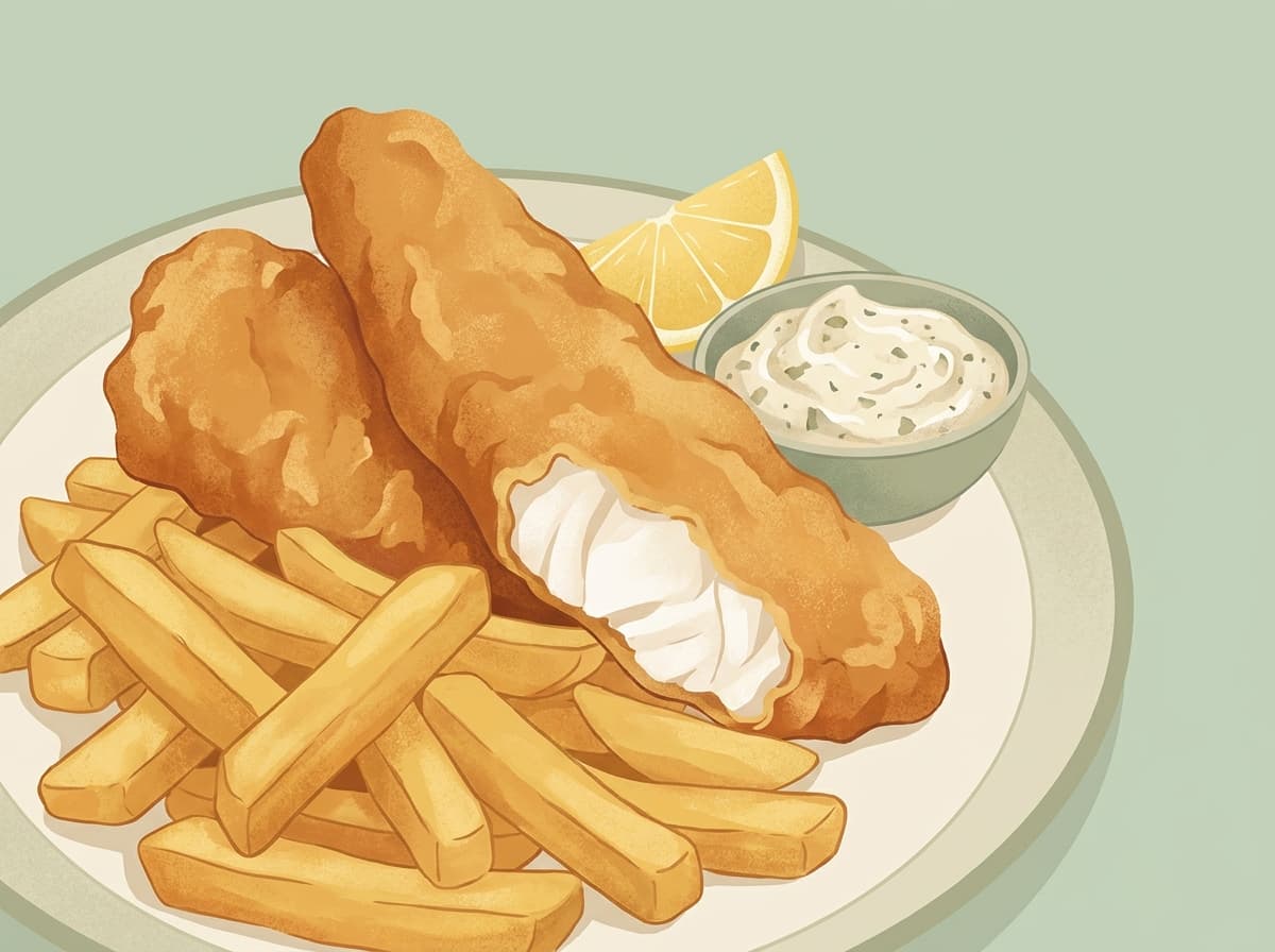 Battered fish and oven chips with lemon and tartare sauce