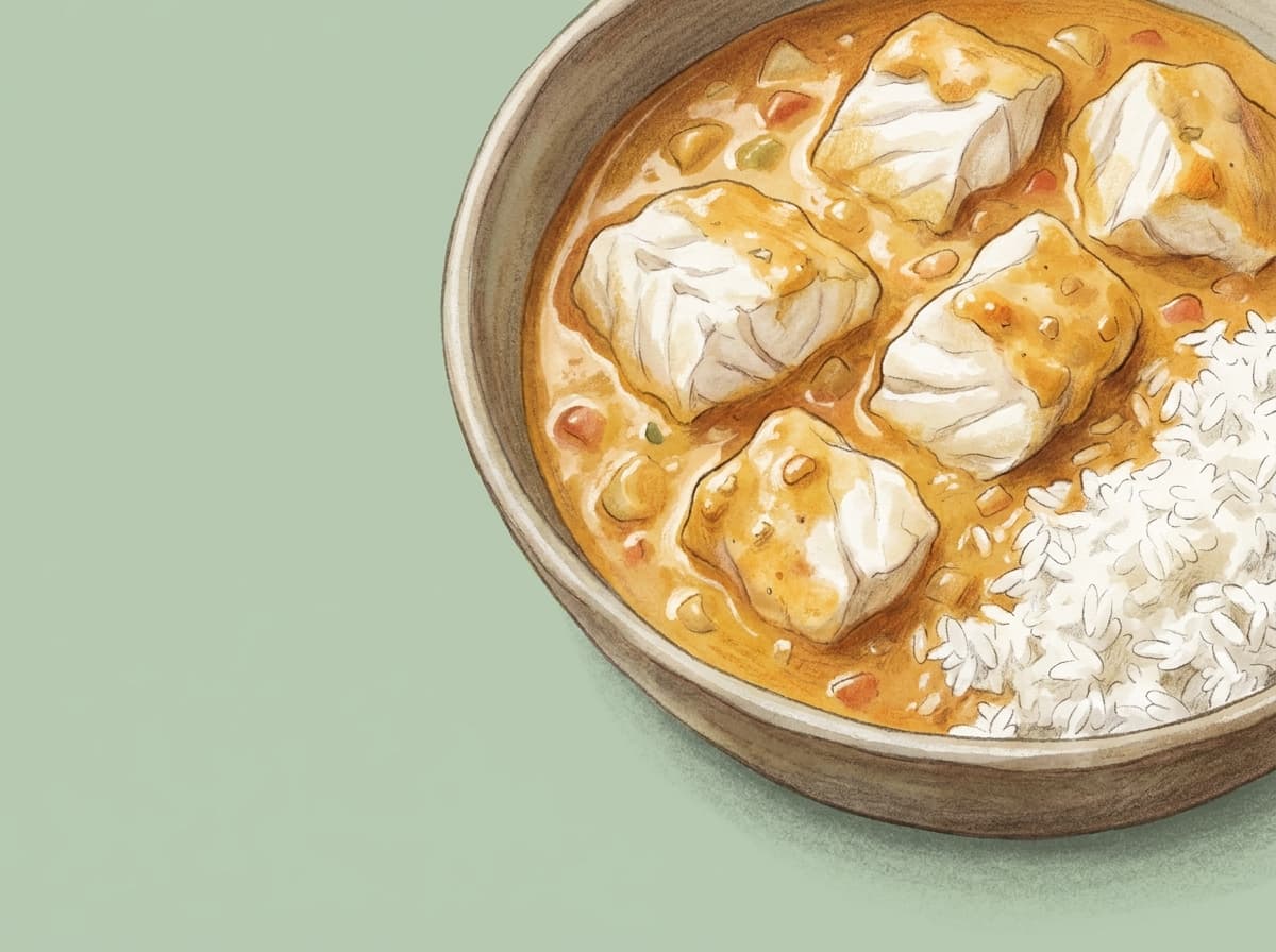 Bowl of coconut fish curry with rice and lime