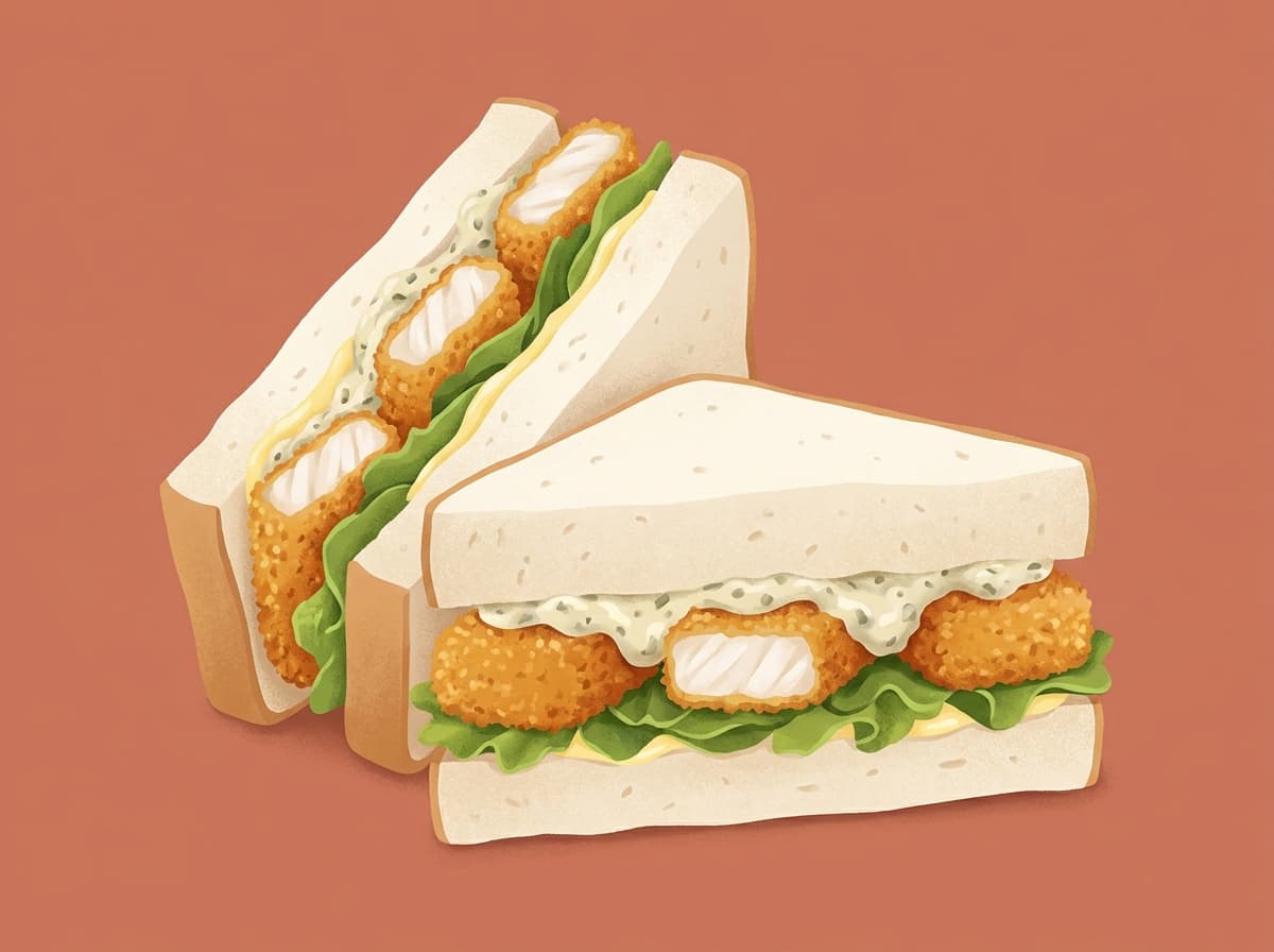 A fish finger sandwich with lettuce and tartare sauce, cut in half