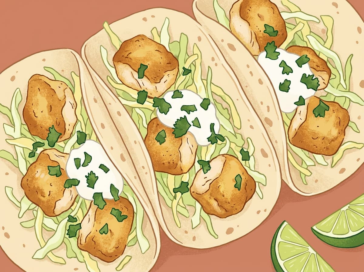 Soft tortillas filled with spiced fish, cabbage slaw and lime