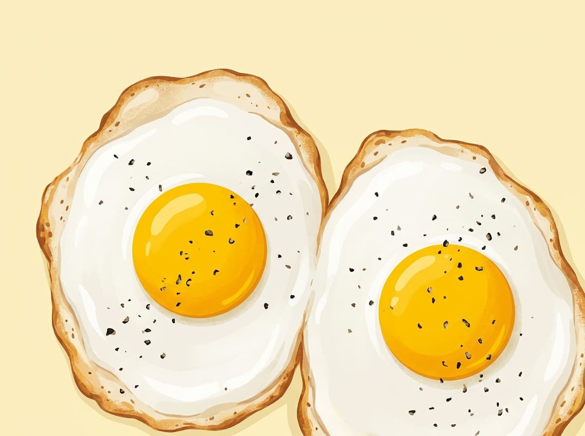 Two fried eggs with crisp edges in a pan