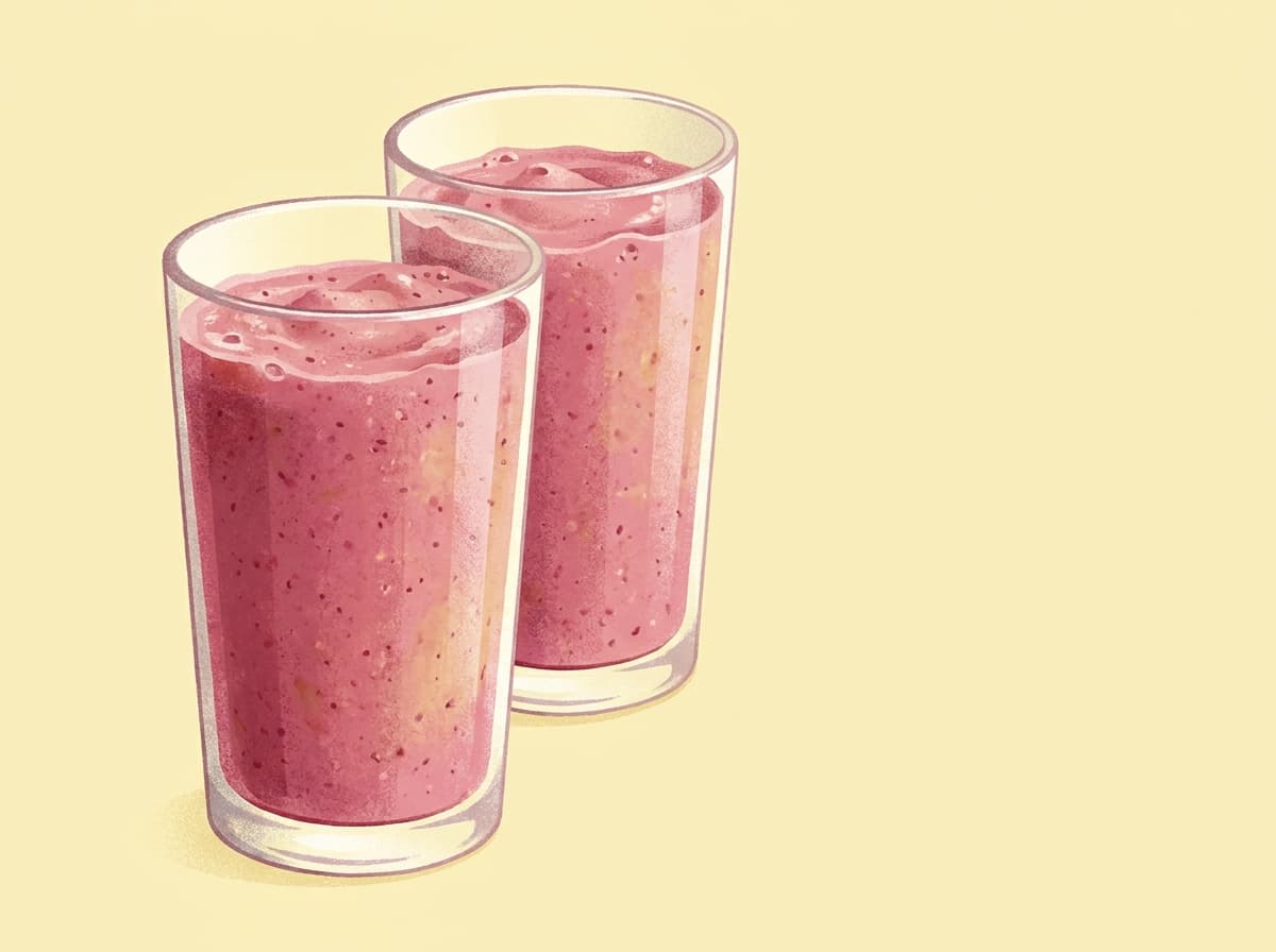 A tall glass of pink berry and banana smoothie