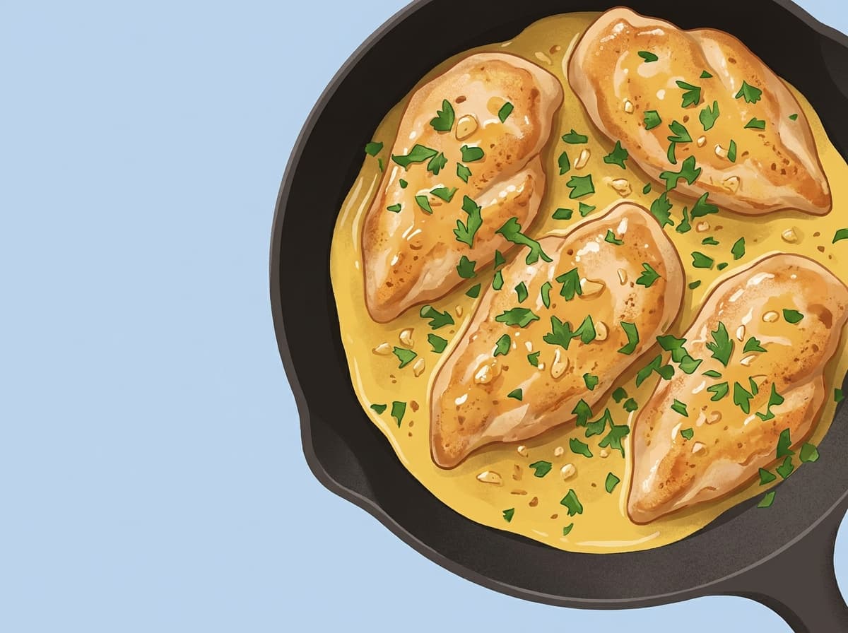 Sliced garlic butter chicken in a frying pan with parsley
