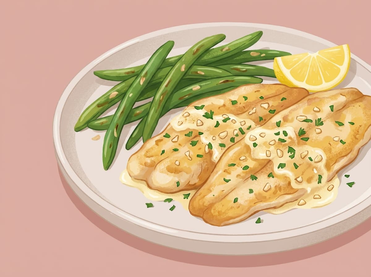 Pan-fried fish fillets in garlic butter with lemon and green beans