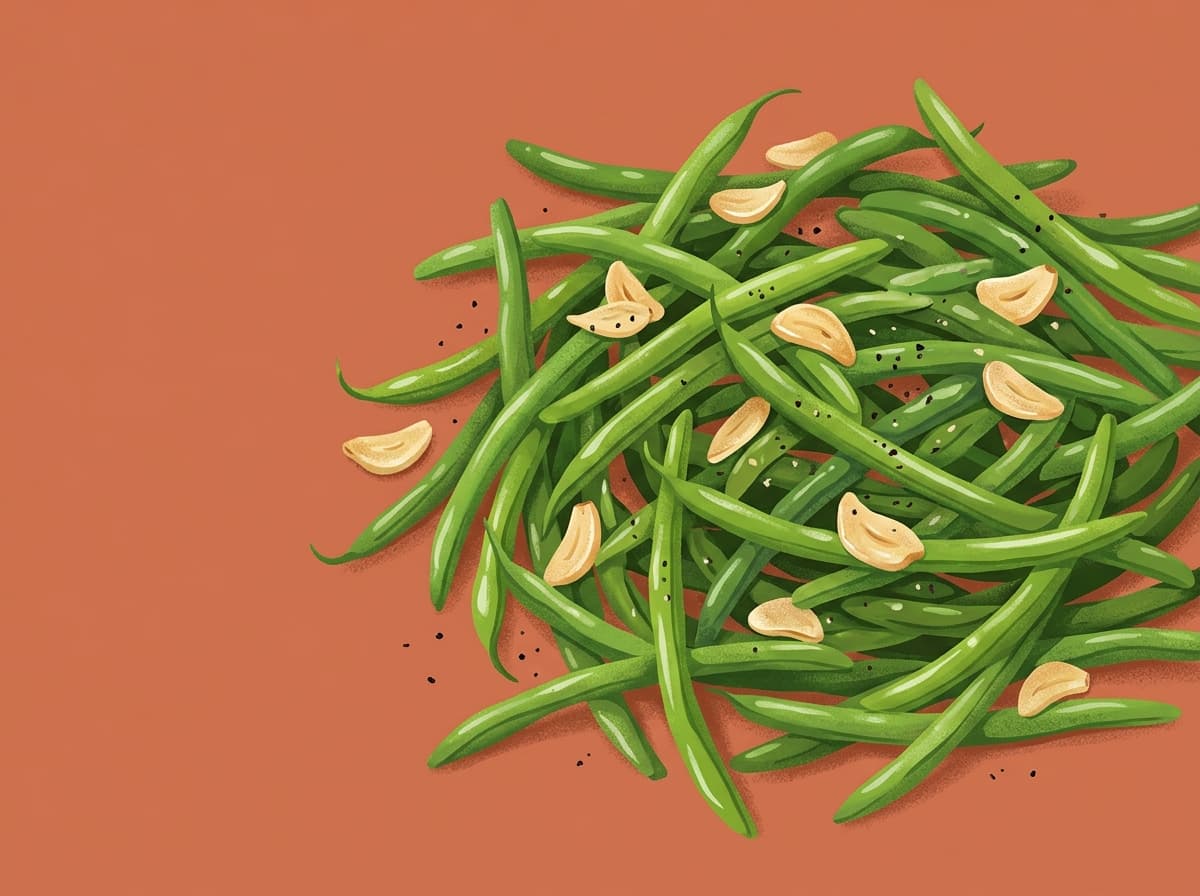Bright green beans tossed with garlic butter in a frying pan