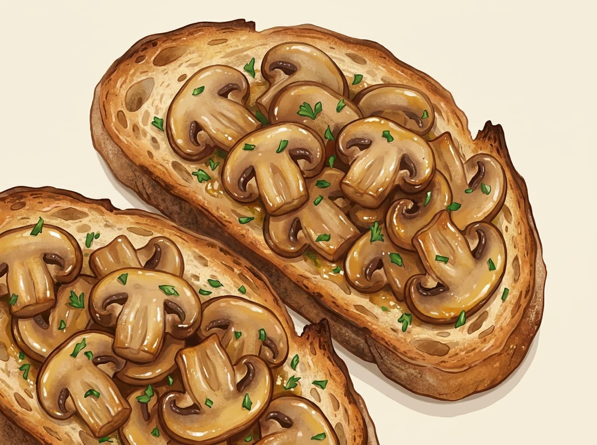 Garlic mushrooms with parsley piled on thick slices of toast