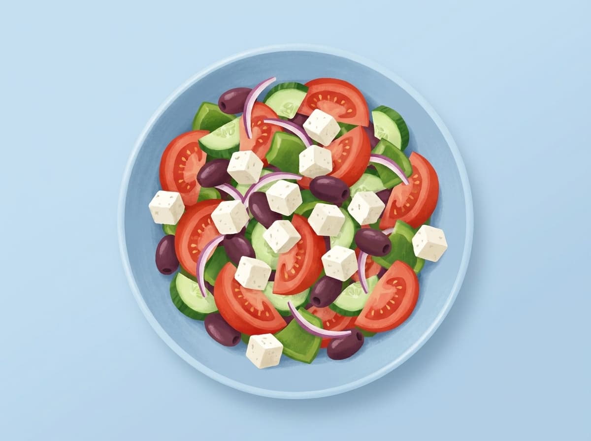A Greek salad with tomato, cucumber, olives and feta