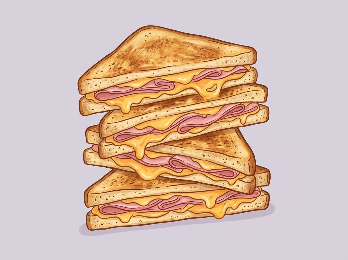 A golden ham and cheese toastie cut in half with melted cheese