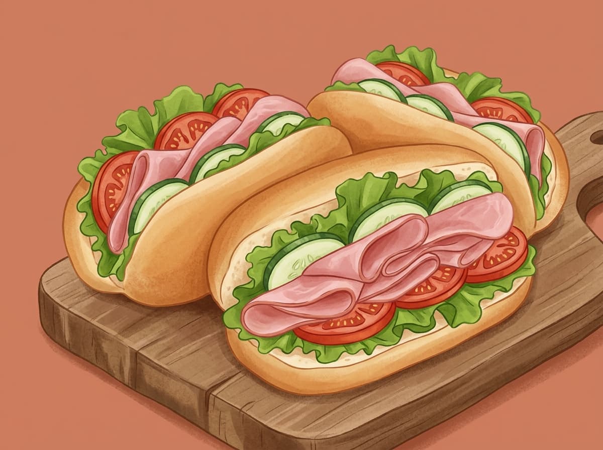 A soft bread roll filled with ham, lettuce, tomato and cucumber