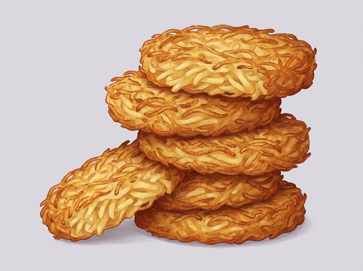 Golden crispy hash browns stacked on a plate