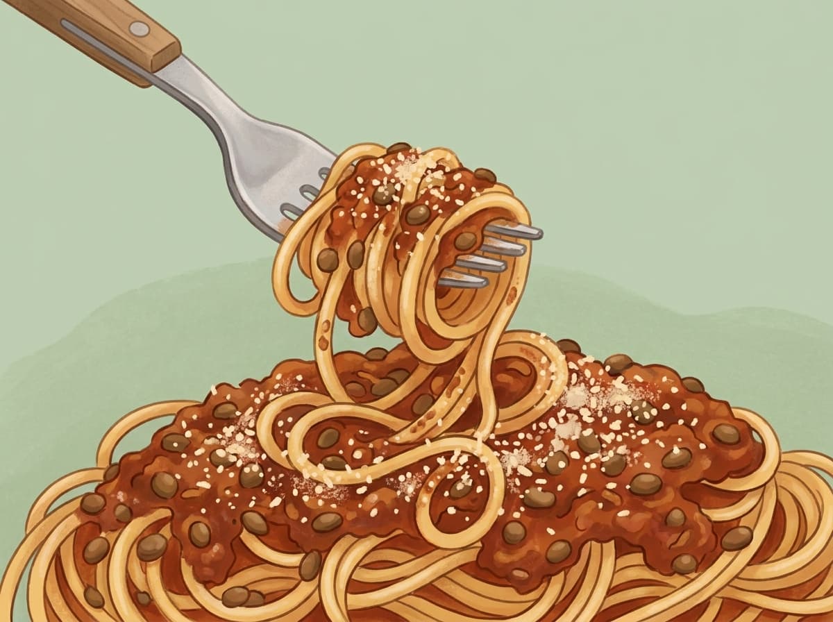 A bowl of spaghetti topped with lentil bolognese and parmesan