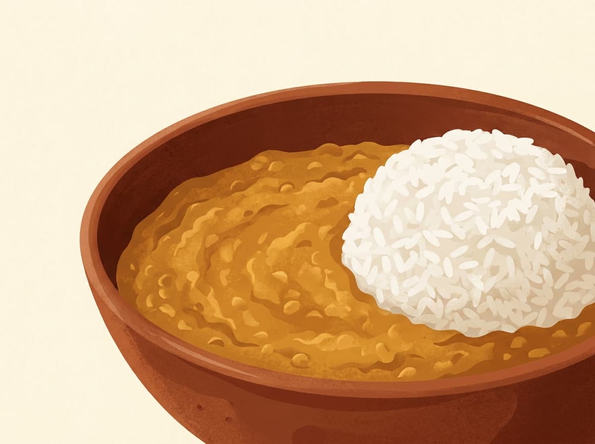 A bowl of thick red lentil curry with rice and lemon