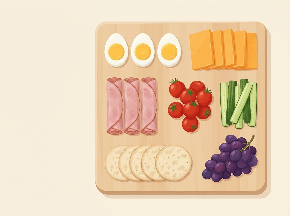 A lunch plate with cheese, ham, boiled egg, crackers, cherry tomatoes, cucumber and grapes