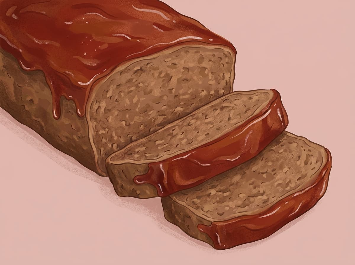 A sliced beef meatloaf with a glossy tomato glaze