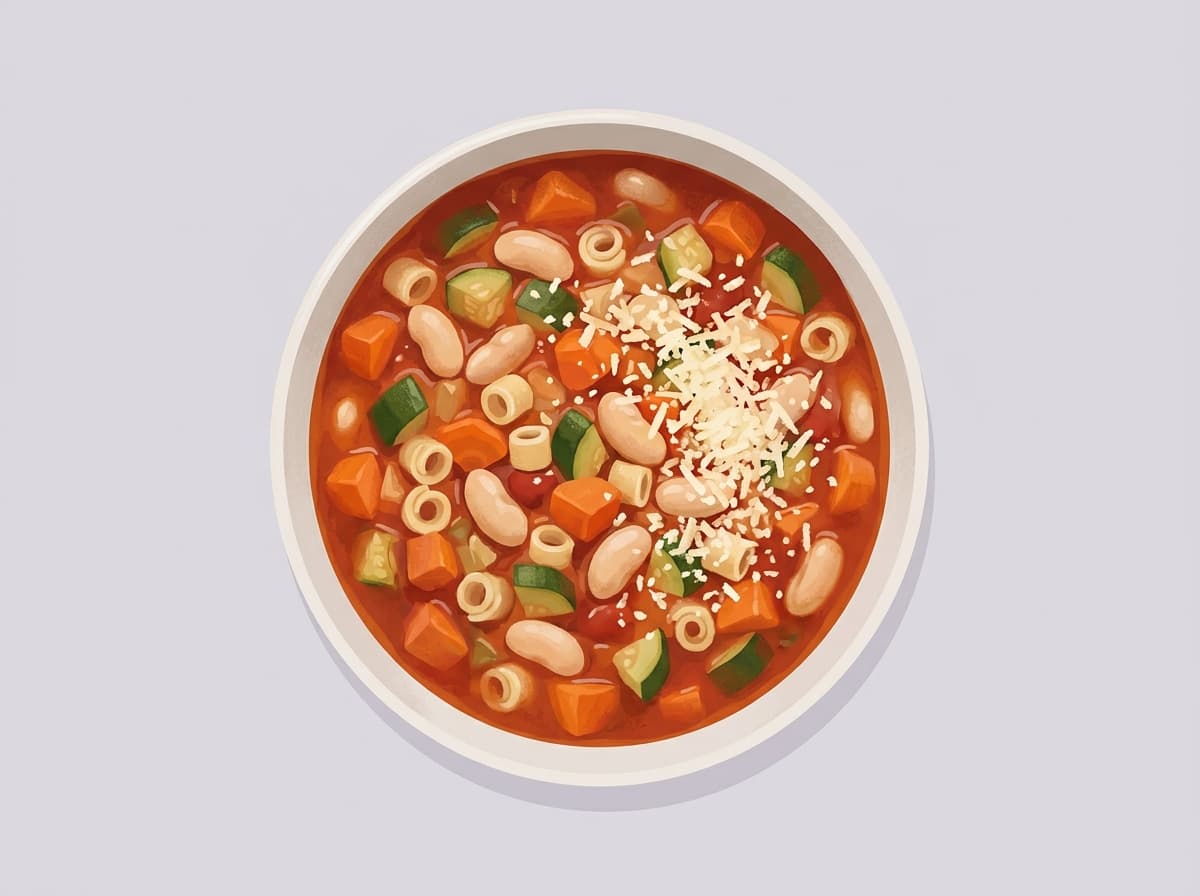 A bowl of minestrone soup with beans, pasta and vegetables