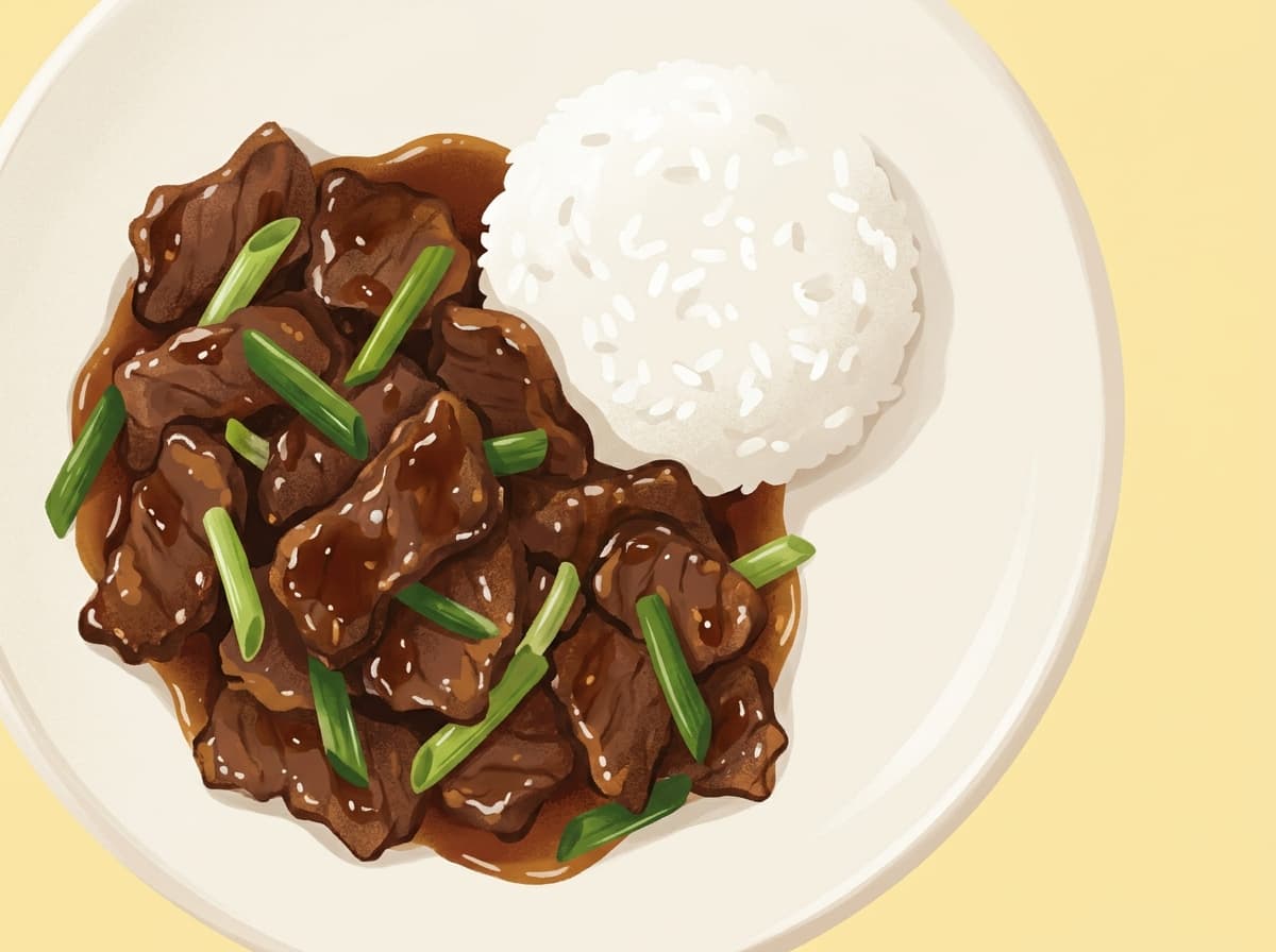 Mongolian beef with spring onion served over rice