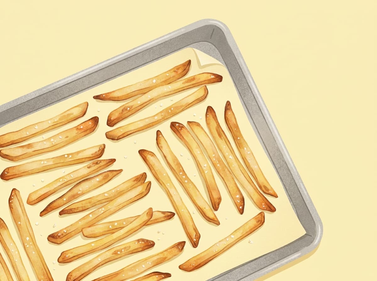 Golden oven-baked chips on a lined baking tray