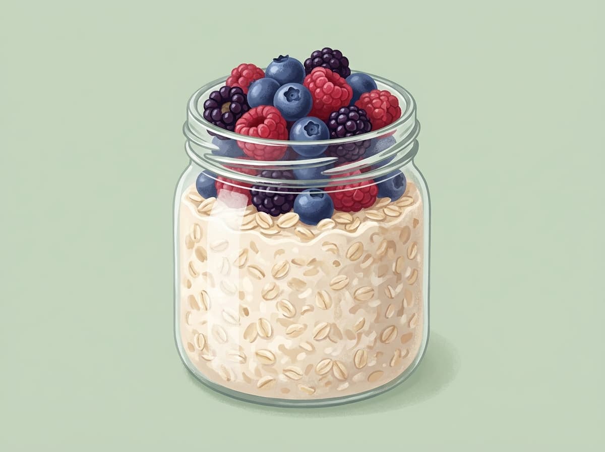 A jar of overnight oats layered with yoghurt and berries