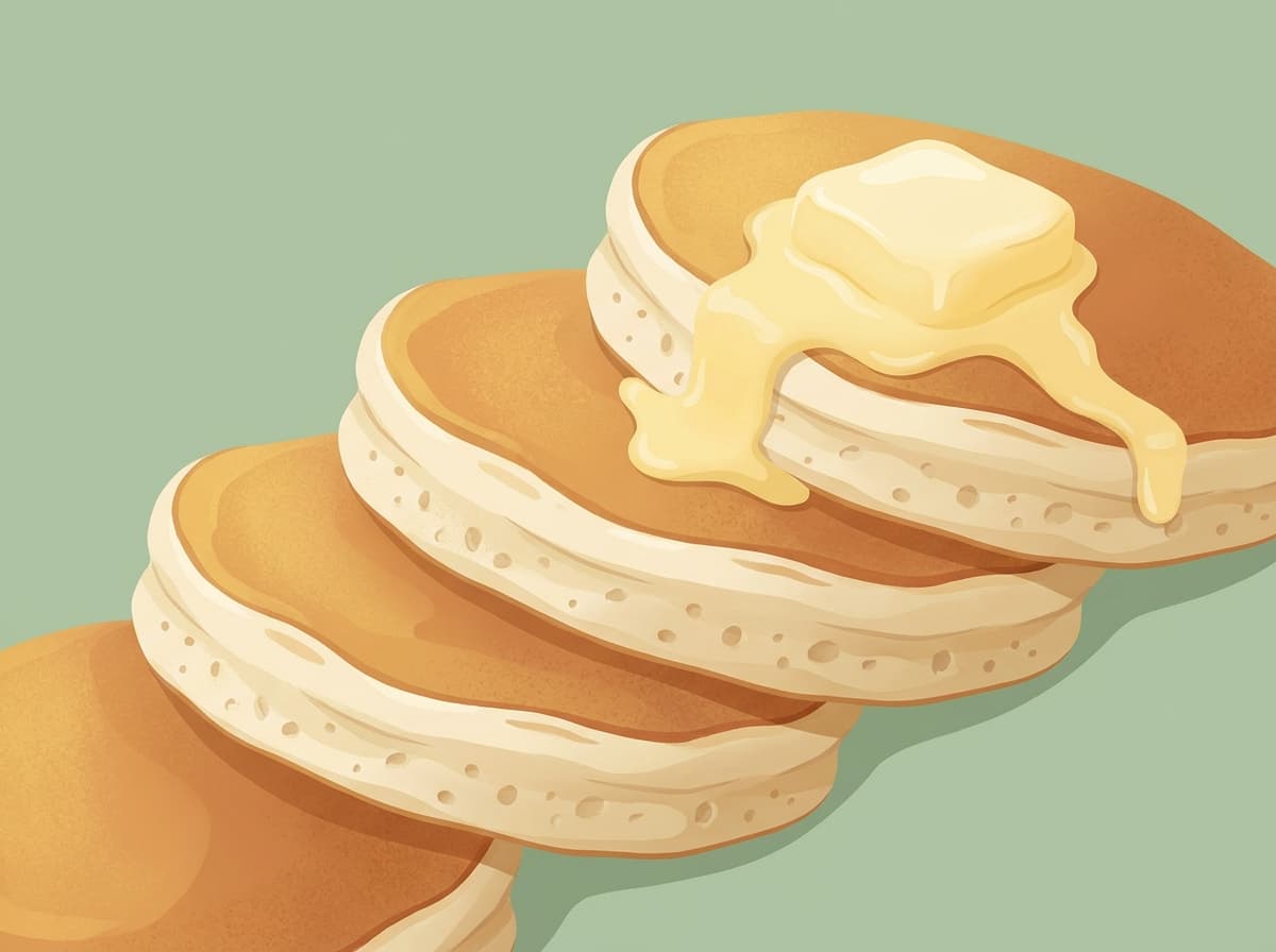 Stack of fluffy pancakes with butter and syrup