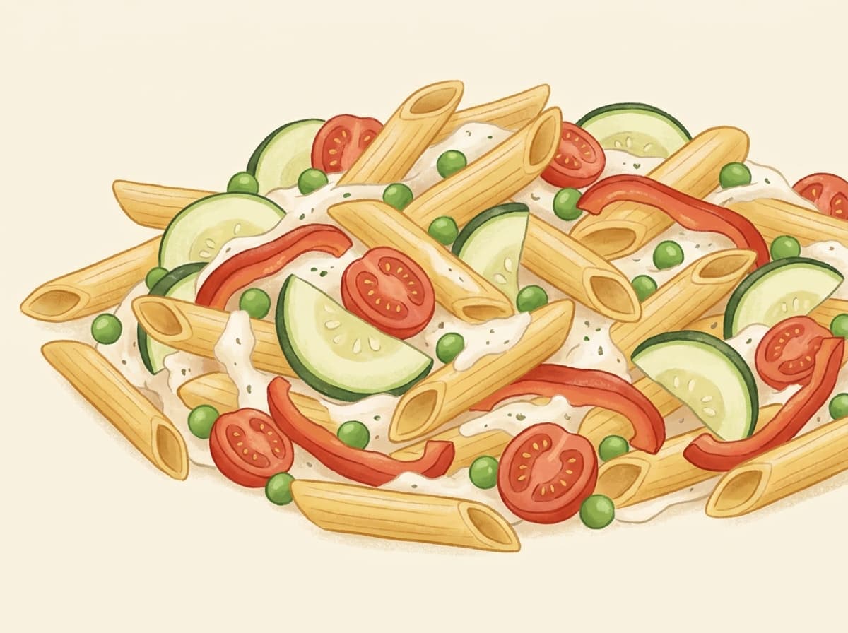 A bowl of pasta primavera with courgette, peas and tomatoes