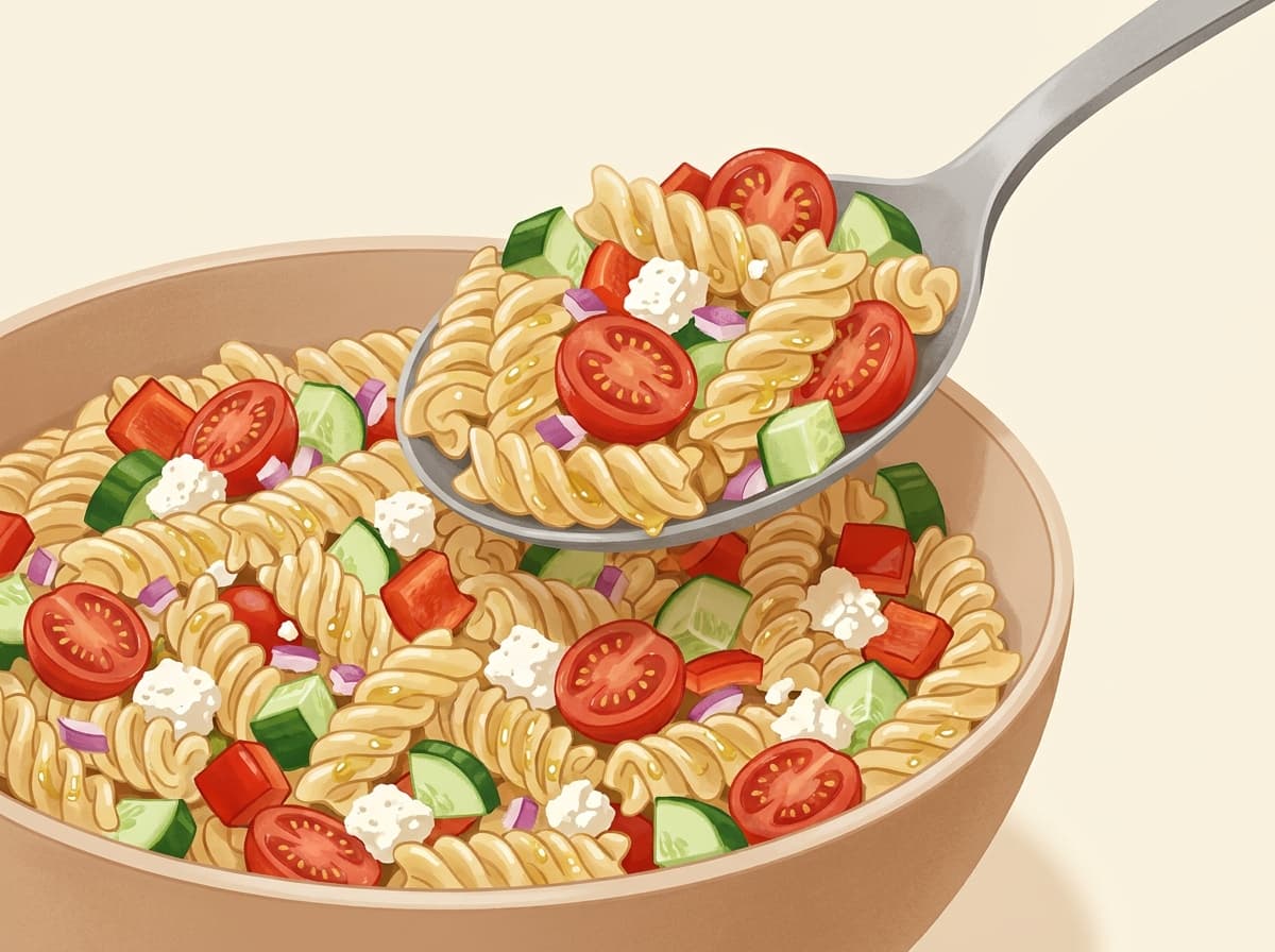 A bowl of pasta salad with cherry tomatoes, cucumber, capsicum and feta