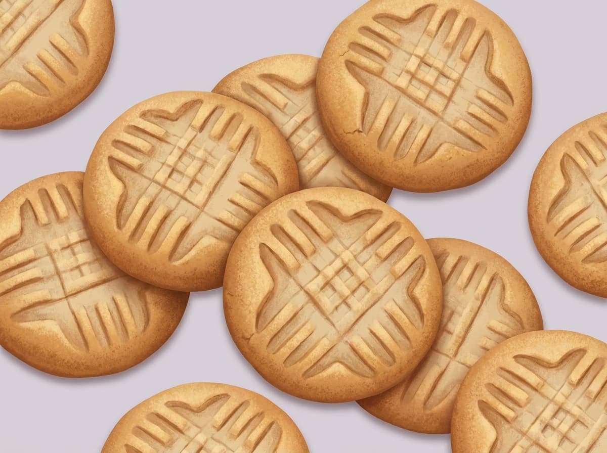 Peanut butter cookies with fork criss-cross marks on a tray