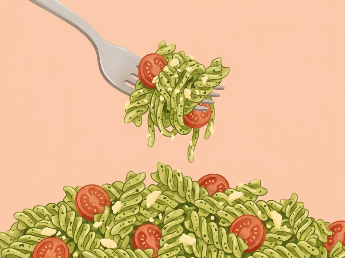 A bowl of pesto pasta with cherry tomatoes