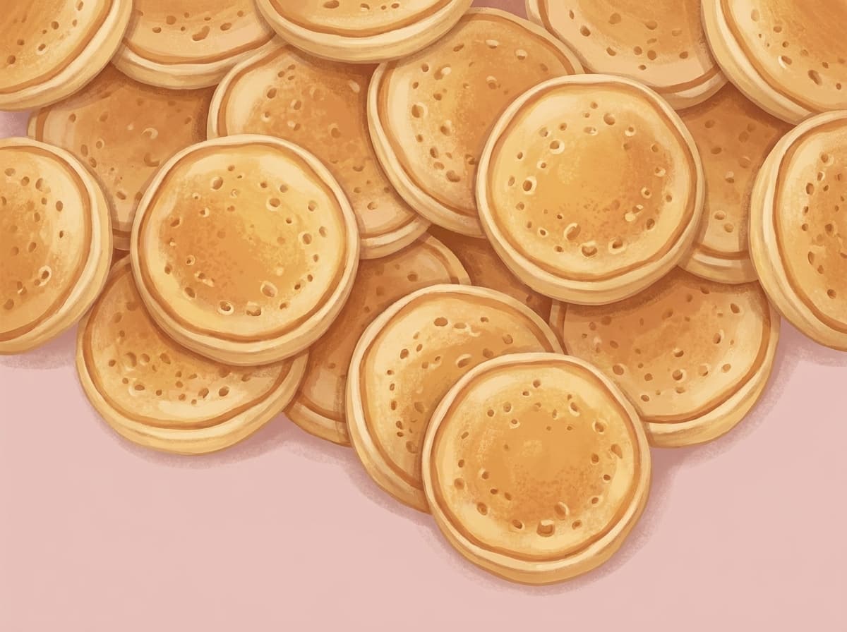 A stack of small golden pikelets with jam and butter