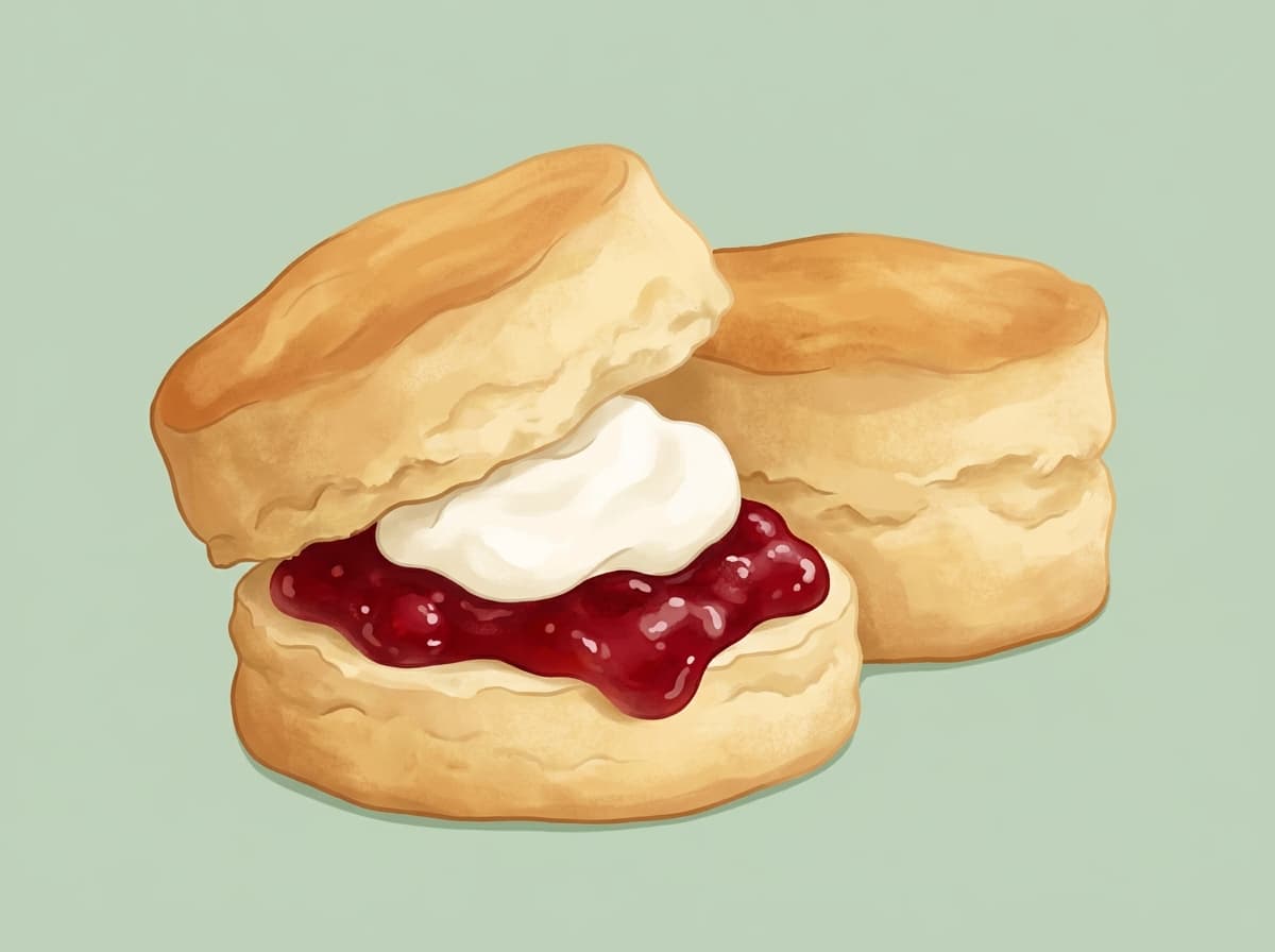Golden scones on a tray served with jam and cream