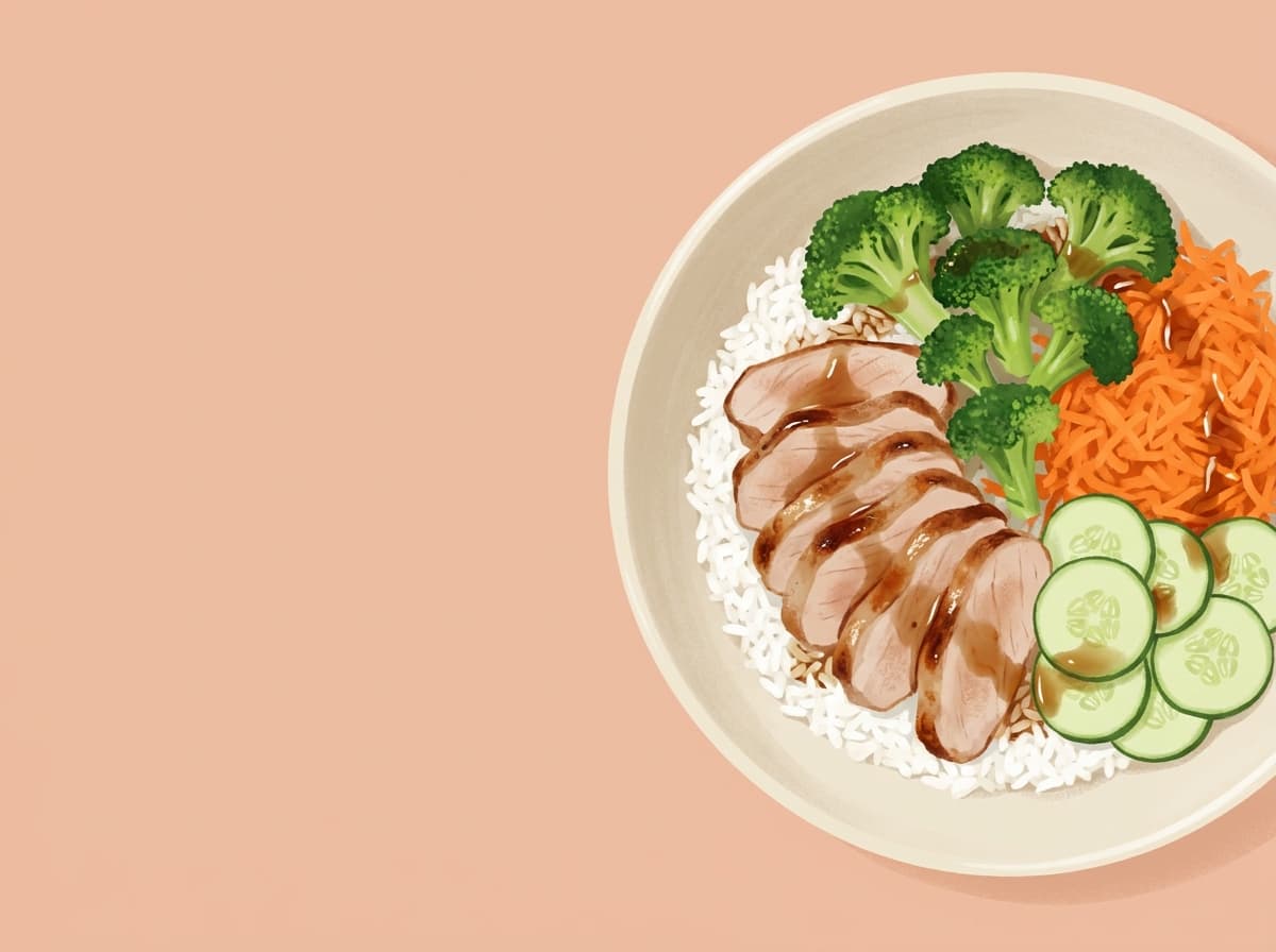 Rice bowl topped with sliced pork, broccoli, cucumber and carrot
