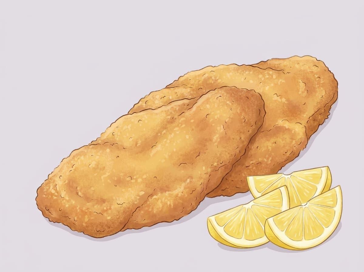 Golden crumbed pork schnitzel with lemon wedges