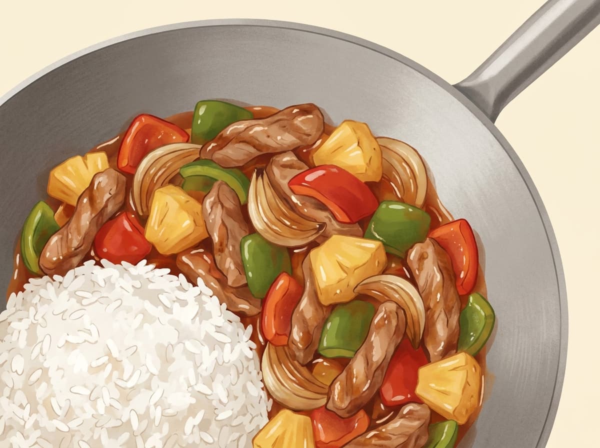 Wok of pork stir-fry with capsicum and pineapple over rice