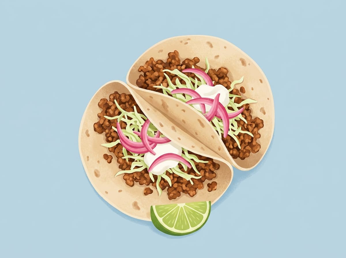 Soft tortillas filled with spiced pork, pickled red onion and cabbage