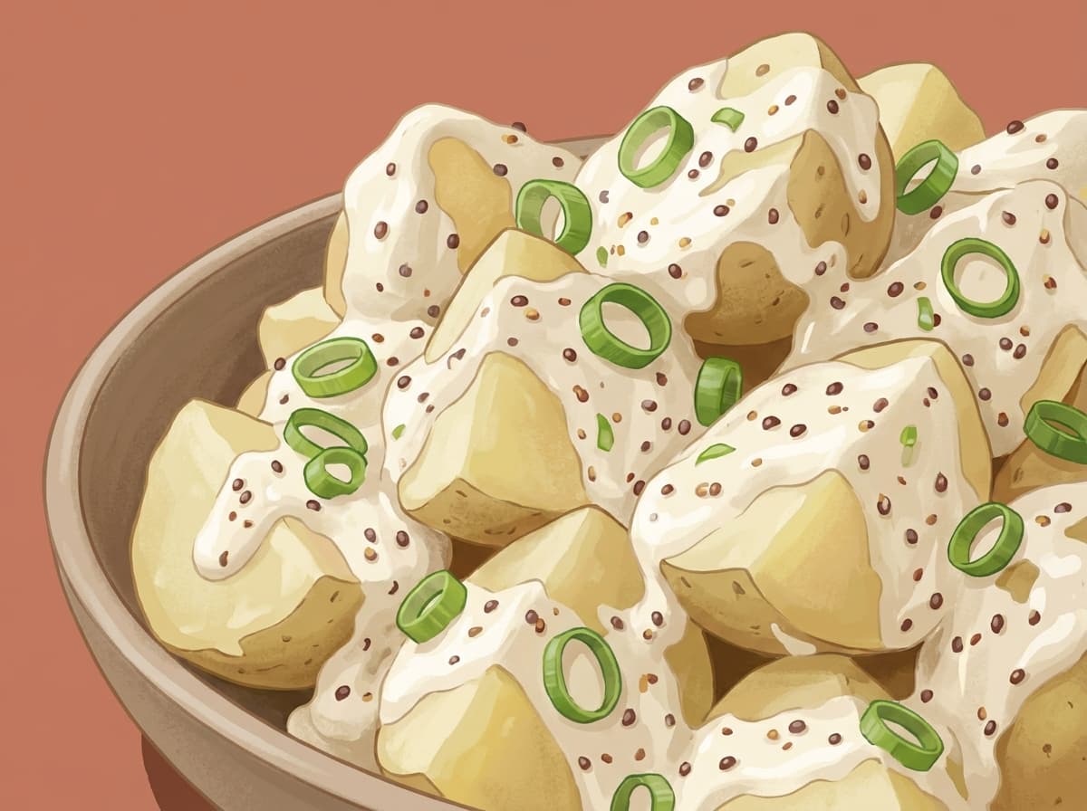A bowl of creamy potato salad with spring onion