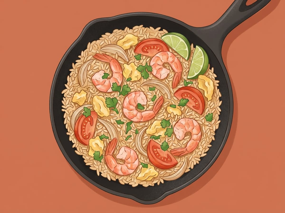 Plate of Thai-style prawn fried rice with lime and coriander
