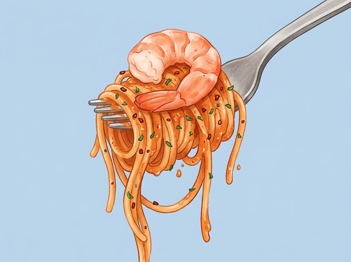 Bowl of spaghetti with prawns in a creamy tomato sauce