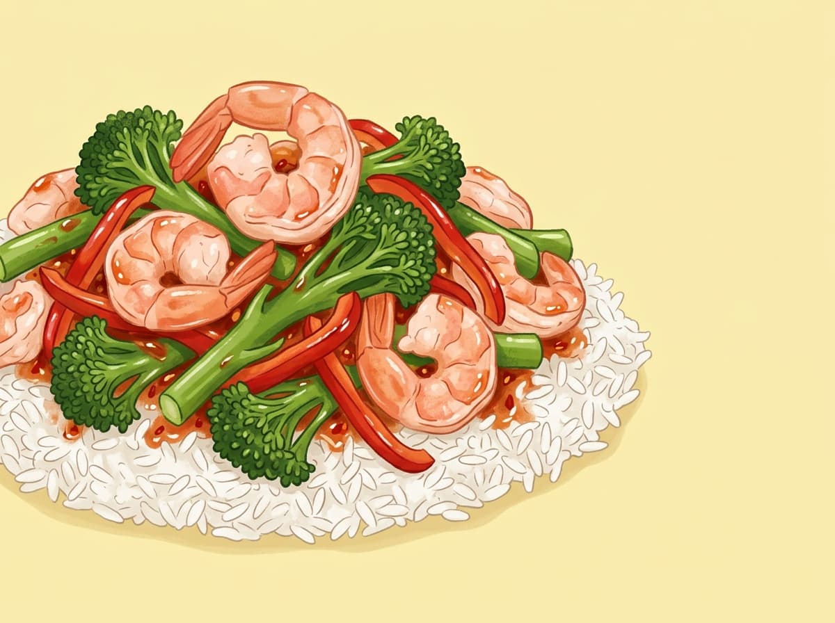 Prawn stir-fry with capsicum and broccolini over rice